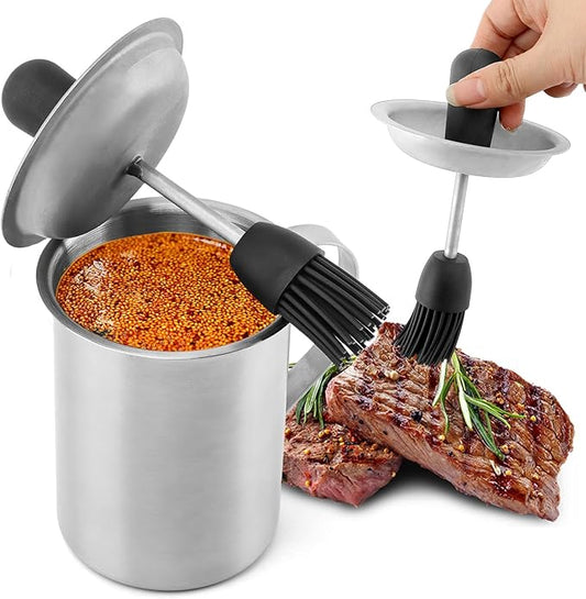 BBQ Sauce Pot and Basting Brush Set, BBQ Sauce Container Cooking Gifts, Meat Baster Set, Barbecue Gadgets Grill Accessories, Silicone Basting Brush for Cooking(COLOR:Silver)