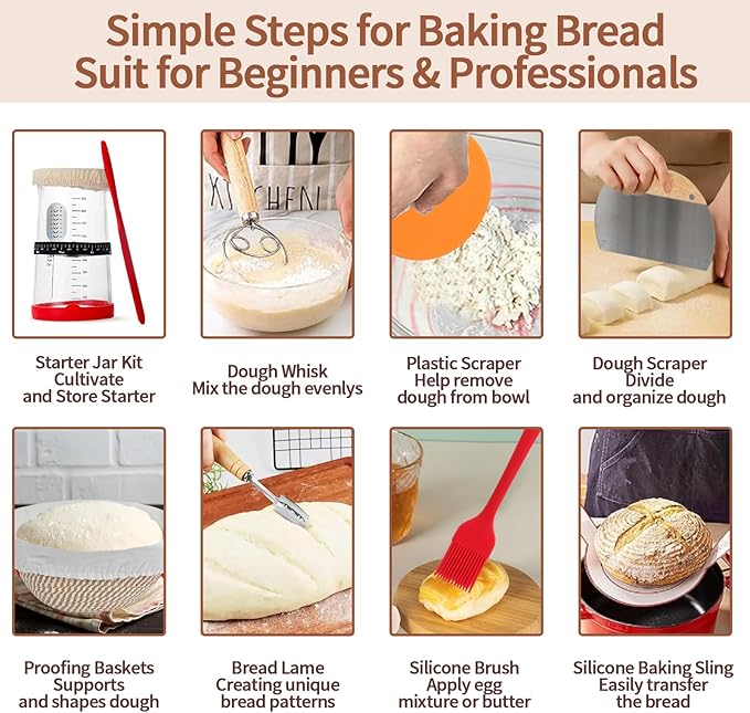 Sourdough Bread Baking Supplies, Sourdough Starter Kit, 9" Round and 10" Oval Bread Proofing Basket with Sour Dough Starter Jar, Reusable Breads Making Tools Perfect Gifts for Bakers