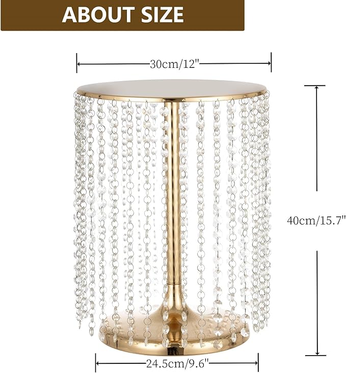 LANLONG Wedding Cake Stand for Dessert Table 12 Inch Gold Crystal Pendants Metal Cake Stand Serves as A Round Dessert Cupcake Display Plate 16 Inch Tall (Gold)