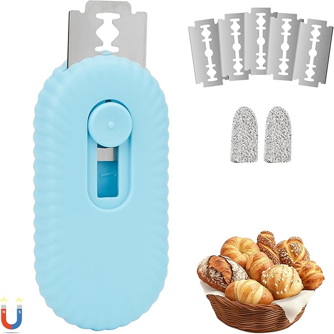 UFO Non-Slip Bread Lame - Professional Dough Scoring Tool with 5 Razor Blades, Sourdough Scorer Kit for Artisan Bread Baking,Including User Manual (Ripple Blue)