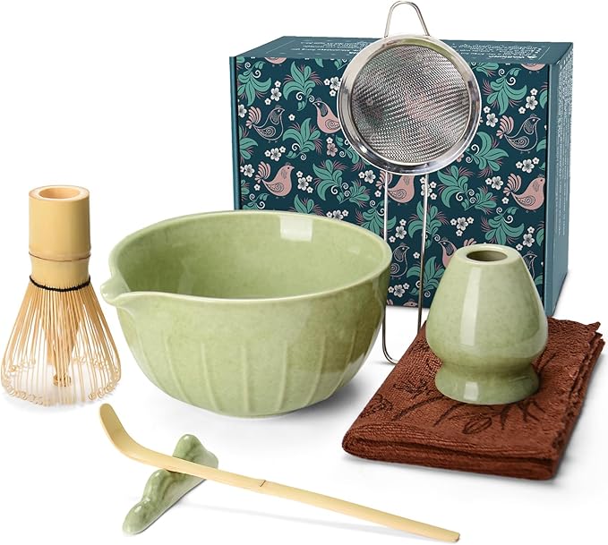 MONOJOY Matcha Whisk Set Ceramic Bowl Kit with Spout, Bamboo Chasen and Holder, Scoop Rest,Sifter Tea Towel Ceremonial Cute Matcha Tea Making Tool,Gift Perfect for Latte Lovers | Beginners,7pcs