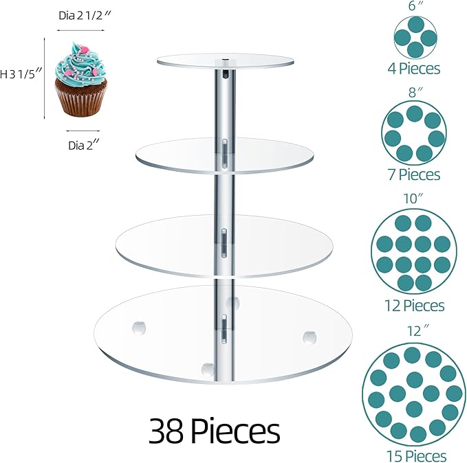 Clay Tonic 4 Tiered Acrylic Glass Premium Cupcake Holder-Cake Stand-Cupcake Stand-Dessert Stand-Tea Party Serving Platter (Round)