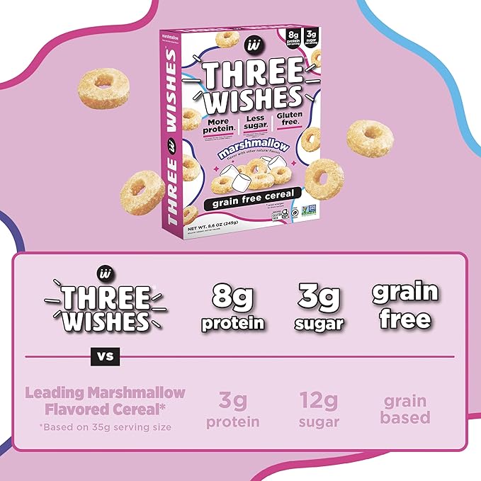 Three Wishes Grain-Free & Protein Cereal - Healthy, Low Sugar & Gluten-Free Breakfast Cereal - Low Carb, Plant-Based, Vegan & Non-GMO - Marshmallow, 3-Pack