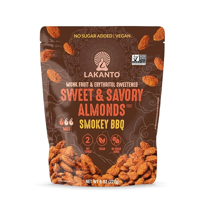Lakanto Sweet and Savory Smokey BBQ Almonds - On the Go Snack, Smoky Barbecue Seasoning, Gluten Free, Protein, Crunchy Roasted, Monk Fruit, Resealable Bag (8 oz)