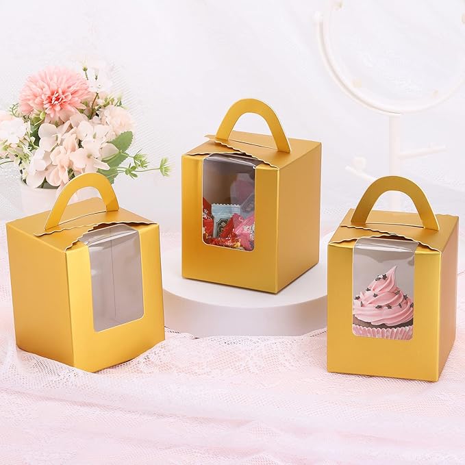acDesign 100 Pcs Cupcake Holders Individual 3.6in*3.6in*4.3in Cupcake Boxes With Window Handle and Inserts for Bakery Wrapping Party Favor Packing(Gold)