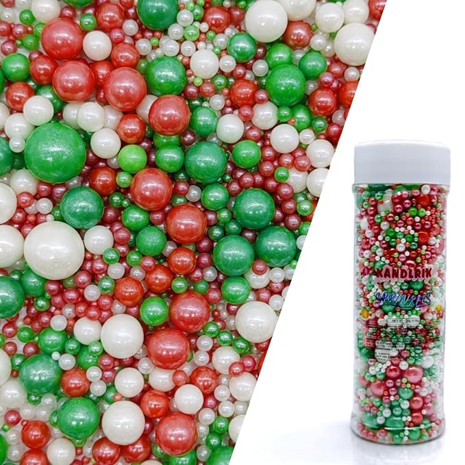 Edible Red & Green & White Sugar Pearls Sprinkles Candy Mix Size Pearls Cake Decorations Cupcake Toppers Decorating Perfect for Wedding Party Valentine Christmas Supplies 4.58OZ