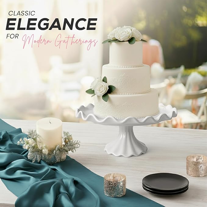 10.5-Inch White Porcelain Cake Stand – Elegant Dessert & Cupcake Stand for Cake, Pastries & Cookies – Decorative Wavy-Edge Pedestal Cake Plate for Wedding, Baby Shower & Dessert Table Display