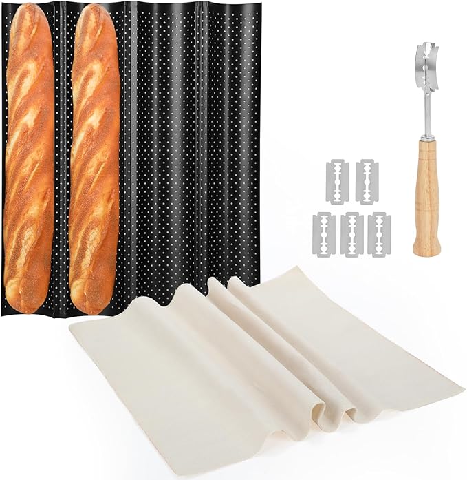 4-Slot French Baguette Pan Set, Non-Stick French Bread Pan, Baguette Baking Pan with Proofing Cloth, Bread Lame, Home Baking Tools Kit for Homemade Bread