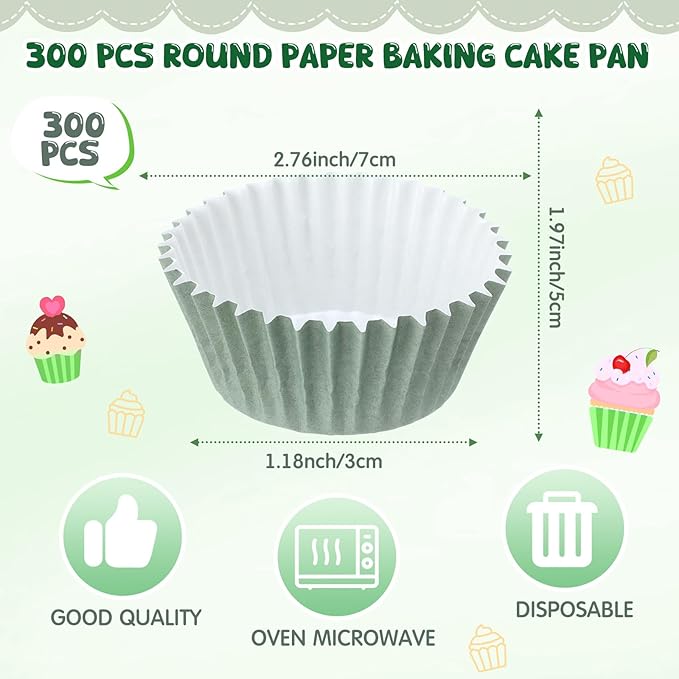 LemonRoad 300pcs Coated Paper Cupcake Liners for Baking Colorful Greaseproof Baking Cup for Muffin Dessert Candy Biscuit Cookies Brownie Wedding Birthday Party Baby Shower(Green,Round)