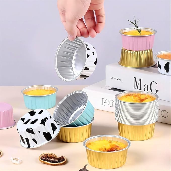 25PCS Round Mini Loaf Pans with Lids,Mini Cake Pans with Lids,Disposable Ramekins Baking Cups Muffin Tins Cupcake Cups for Wedding Birthday Party,5oz（Black Gold）