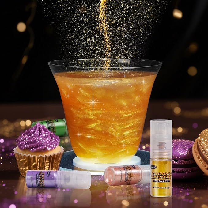 Gold Edible Glitter Spray 5g, Shimmer Edible Glitter for Cocktails, Food Grade Luster Dust for Beverages & Cake Decorating, Drinks, Baking, Chocolate