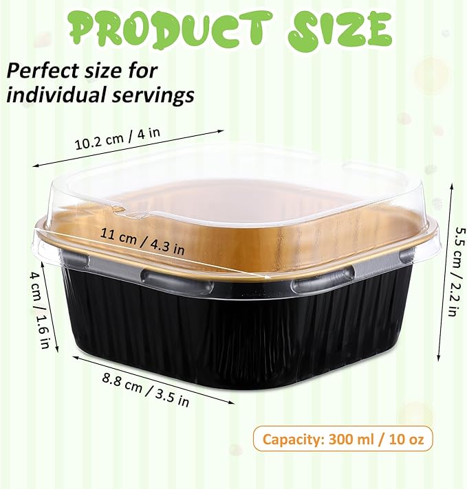 Aoriher 300 Pieces 10 oz Mini Cake Pans with Lids, Aluminum Foil Baking Cups, Square Disposable Cupcake Cups Baking Tins for Wedding Birthday Party Supplies(Black, Gold)
