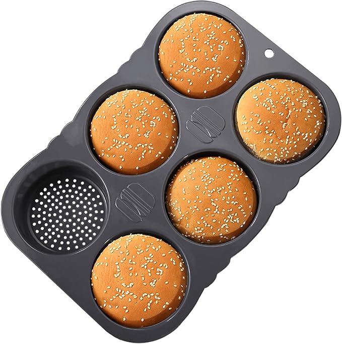 6-cavity Silicone Hamburger Bun Pan, Nonstick Loaf Pan & Heat Resistant Burger Bun Pans for Baking, Bread Pans for Homemade Bread, Bread pans for baking, Easy to Use Burger Pan