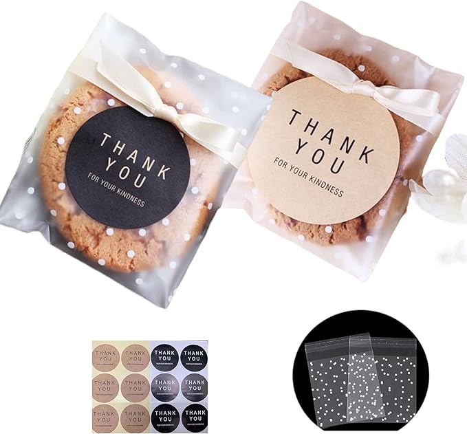 100pcs Self Sealing Cookie Bags,Polka Dot Cellophane Bags with Thank You Stickers (5"x5")
