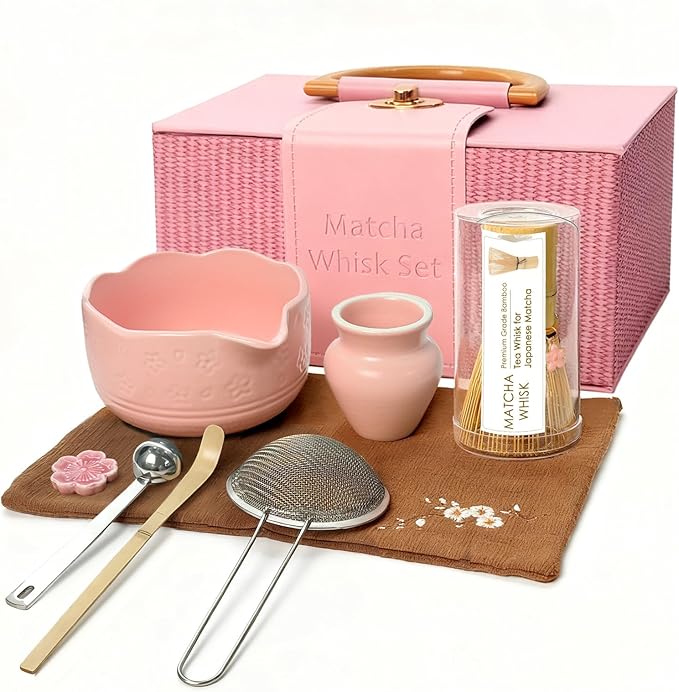 8Pcs Matcha Whisk Set, Matcha Set Includes Ceramic Matcha Bowl, Whisk and Holder, Bamboo Scoop, Scoop Rest, Sifter, Measuring Spoons and Tea Towel Tea Kit Gift Set for Women (Pink)