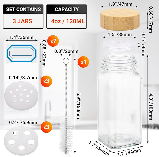 Segarty 4oz Spices Jars with Bamboo Shaker Lids, 3 PCS Square Spice Containers, 120ml Empty Glass Seasoning Organizers for Spices Herbs Storage, Small Salt and Pepper Shakers with 7 Stickers, 1 Brush