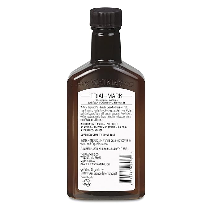 Watkins Organic Pure Vanilla Extract, with Madagascar Vanilla Beans, Non-GMO, Kosher, 4 oz. Bottle, 1-Pack