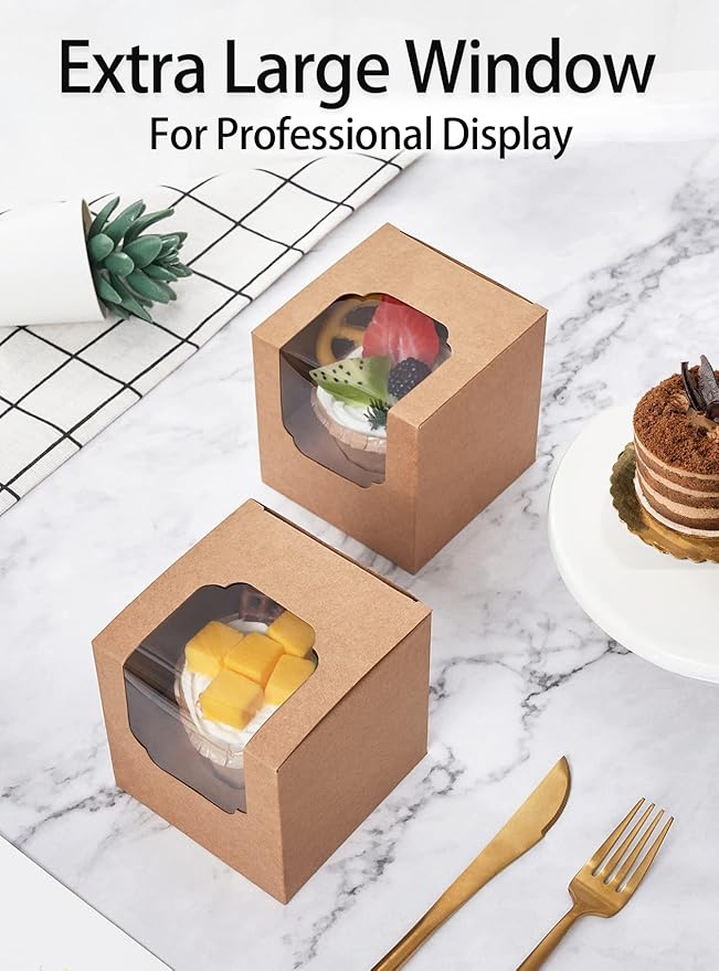 Happyhiram Cupcake Boxes 100 Pcs Bulk Brown Kraft IndividualBox, Single Containers Paper Holders with Inserts and Window for Muffins Cocoa Bombs Packaging Togo Boxes for Birthdays Showers Party Favor