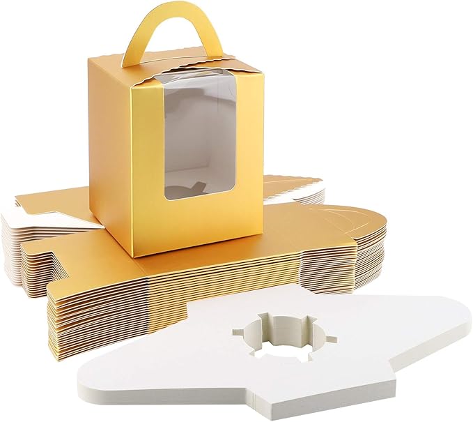 EUSOAR Gold Cupcake Boxes, 25pcs 3.6"x 3.6"x 4.3" Single Cupcake Carrier with Window Insert and Handle, Kraft Pastry Containers, Muffins Cupcake Carriers for Bakery Wrapping Party Favor Packing