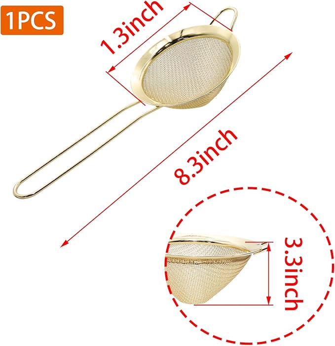 Gold Fine Mesh Strainer - 304 Stainless Steel Handheld Sieve, Small Kitchen Filter for Baking, Tea & Cocktail Making