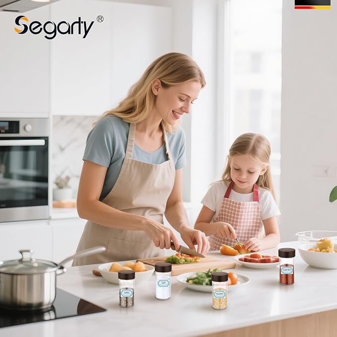 Segarty 3oz Spices Jars with Wood Lids, 3 Pack 90ml Round Spice Containers, Empty Glass Seasoning Organizers Spices Cereals Storage Bottles, Small Salt and Pepper Shakers with 7 Stickers and 1 Brush