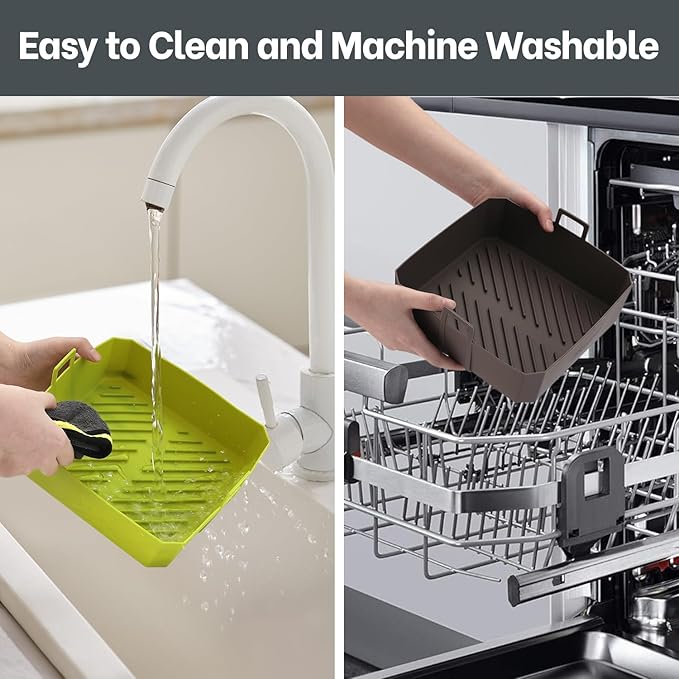 5QT Air Fryer Silicone Liners for Ninja AF141/AF142/AF181/AF182 & COSORI CAF-L501, 2 Pack BPA Free Platinum Silicone Basket, Square Reusable Air Fryer Liners with Handle, Upgrade
