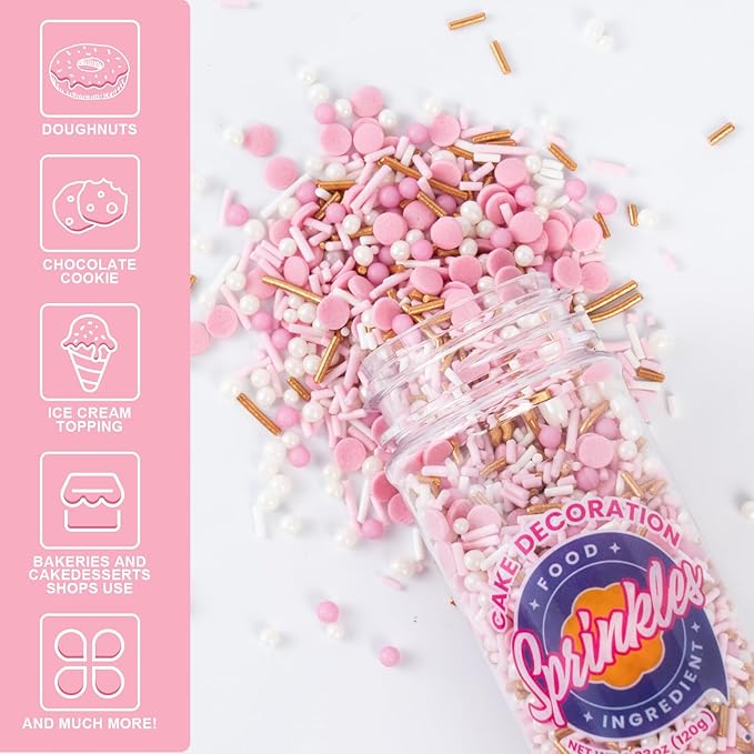 Dye Free Sprinkles Pink No Artificial Dyes Natural Confetti Pearl Sugar Gold Jimmies Sprinkles for Cake Decorations Baby Shower, Cookies, Fondant Cake, Dessert Toppings, 4.2oz