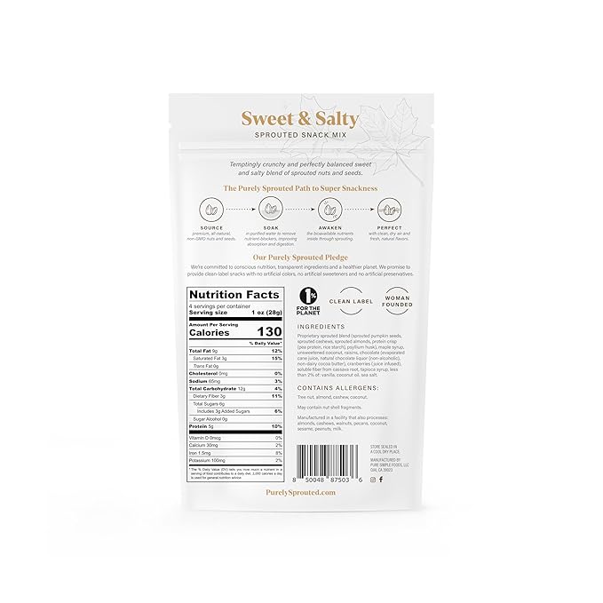 Purely Sprouted Sweet & Salty, Non-GMO Superfood for Healthy, Certified USDA Organic, Gluten-Free Snacking (4 oz, 6 pack)