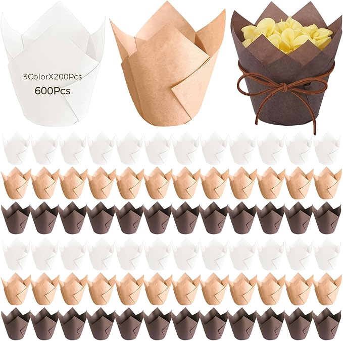 600 Pcs Tulip Cupcake Liners for Baking, Brown Cupcake Liners, Standard Size Muffin Cups, Greaseproof, Heat Resistant, Ideal for Wedding and Party