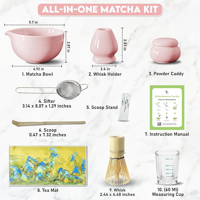 10 Pcs Matcha Kit Set, Ceramic Matcha Set Includes 17oz Matcha Bowl, Bamboo Whisk and Scoop, Whisk Holder, Sifter, Scoop holder, Measuring Cup, Powder Caddy, Tea Towel and Instruction Manual (Pink)