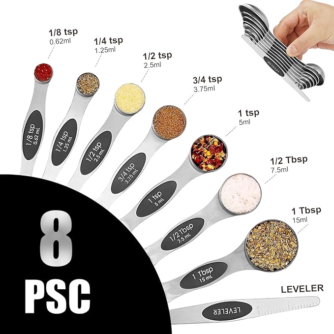 SHIKORI Magnetic Measuring Spoons Set of 8 Stainless Steel Stackable Dual Sided Nesting Teaspoons and Tablespoons for Measuring Dry and Liquid Ingredients-Black