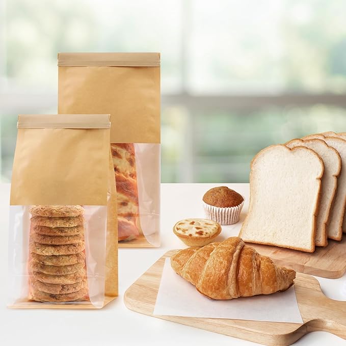 50Pcs Bakery Bags with Window, 5.1 x 3.9 x 11 Inches Kraft Paper Cookie Bags, Resealable Tin Tie Tab Lock Bags for Packaging, Bread Storage Bags, Coffee Bean Bags, Candy Bags