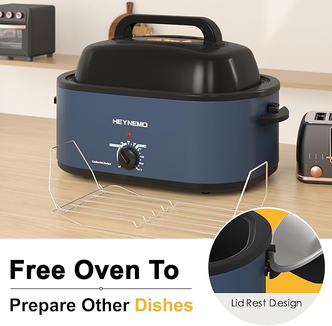 HEYNEMO Roaster Oven 22Qt, 1450W Electric Turkey Roaster Oven Buffet with Self-Basting Lid, Cool-Touch Handles, Removable Pan and Rack, Stainless Steel, Blue