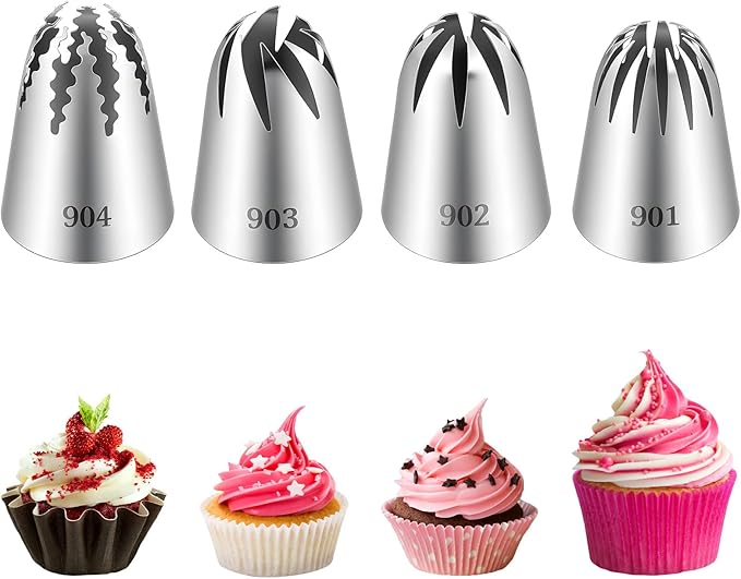 4 Pcs Stainless Steel Frosting Tips, Professional Cake Decorating Tips-Set, Large Piping Tips Set, DIY Icing Nozzle Tool for Cupcakes, Cakes, Cookies, Pastry Decorating Kit