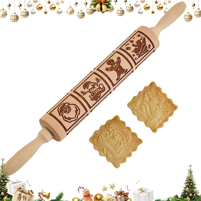 Gobam Embossed Rolling Pin for Cookies, Engraved Wooden Rolling Pin for Baking, Deep Pattern Cookie Roller for Christmas, Holiday, DIY Kitchen Decor and Gift - Christmas Classic