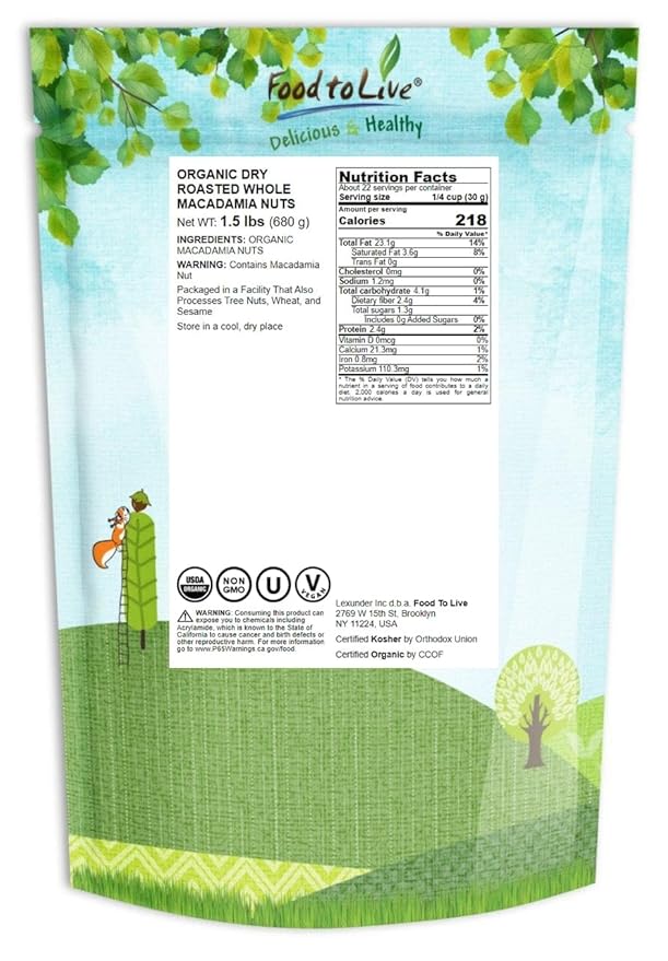 Organic Dry Roasted Whole Macadamia Nuts, 1.5 Pounds – Unsalted, Delicious and Nutritious Snack Made from Premium Non-GMO Nuts, Perfect for Keto and Paleo Diet. Rich Butter Flavor. Kosher, Vegan