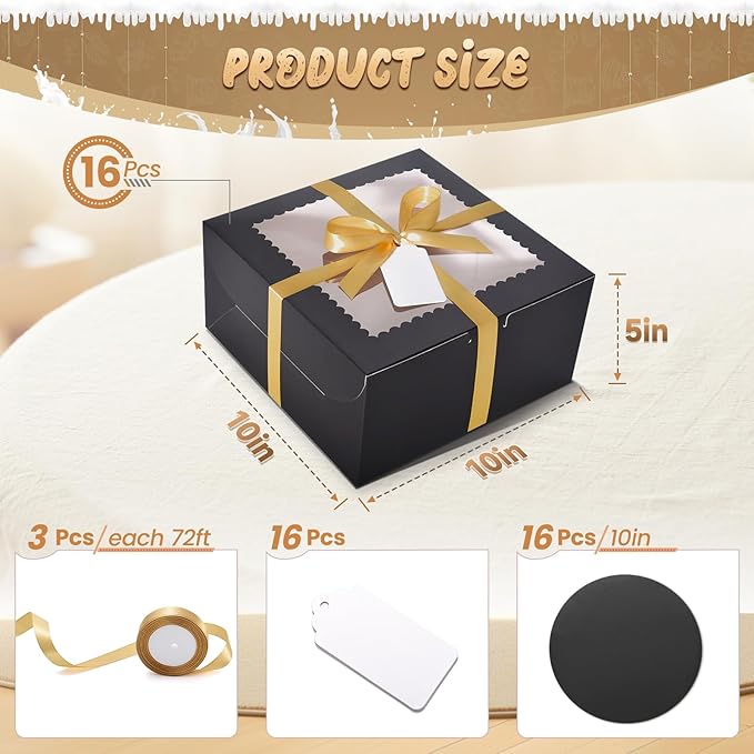 32Pcs 10 Inch Cake Boxes with Cake Boards (16Pcs Black Cake Boxes, 16Pcs Cake Boards), 10x10x5 Inch Bakery Boxes with Window, Cake Carrier Container for Birthday Party, Wedding