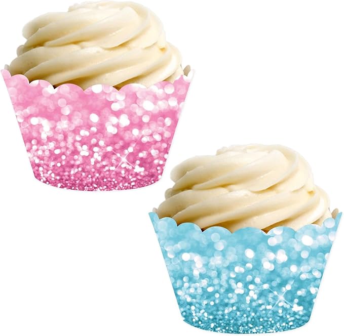 Andaz Press Party Cupcake Wrapper Decorations, Faux Pink And Baby Blue Glitter, 24-Pack, Gender Reveal Boy Or Girl Baby Shower Theme Bulk Cake Supplies Gender Reveal Cupcake Wrappers Baby Shower