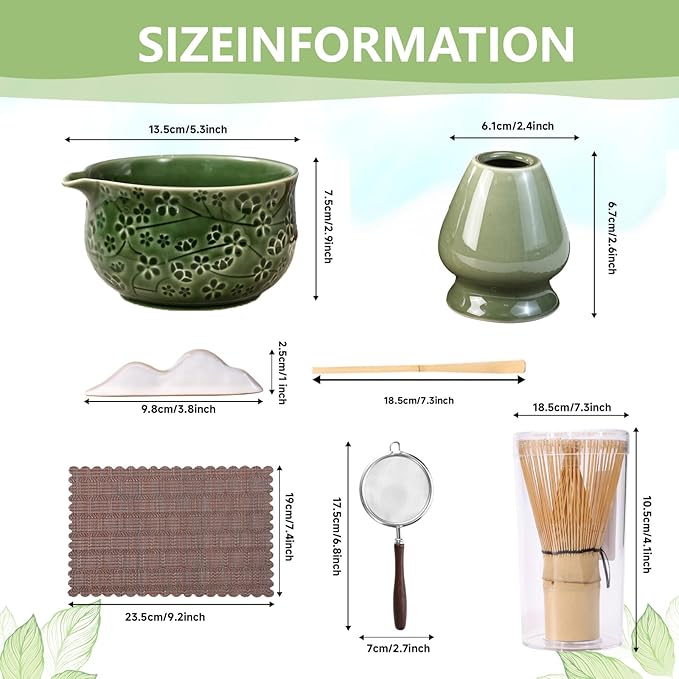 7 Pcs Matcha Whisk Set, Ceremony Matcha Kit with Matcha Bowl, Bamboo Whisk and Holder, Scoop and Scoop Rest, Sifter and Tea Towel, Gift for Matcha Lovers (Green/Cherry Blossom-Patterned)