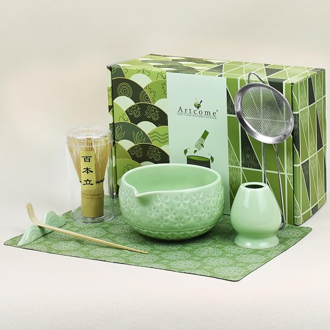Artcome Matcha Tea Set – Green Sakura Embossed Ceramic Bowl 17oz with Bamboo Whisk, Whisk Holder, Strainer, Scoop, Tea Spoon, Cloth – Traditional Japanese Matcha Kit for Daily Use & Gift Giving