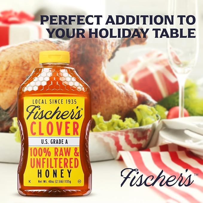 Fischer's 100% Pure Clover Honey, 40 oz – Unfiltered Raw Honey in a Squeeze Bottle – All-Natural Sweetener – Rich Flavor Profile, Packed with Nutrients