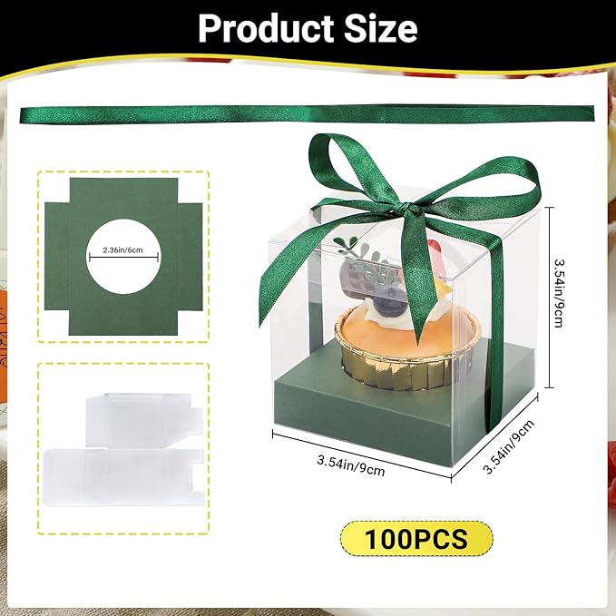 EUSOAR Individual Cupcake Boxes, 3.5 Inch 100 Pcs Dessert Pastry Cupcake Containers with Inserts and Ribbon, Clear Muffins Gift Holder Disposable Cake Carriers for Wedding Party Favor Bakery