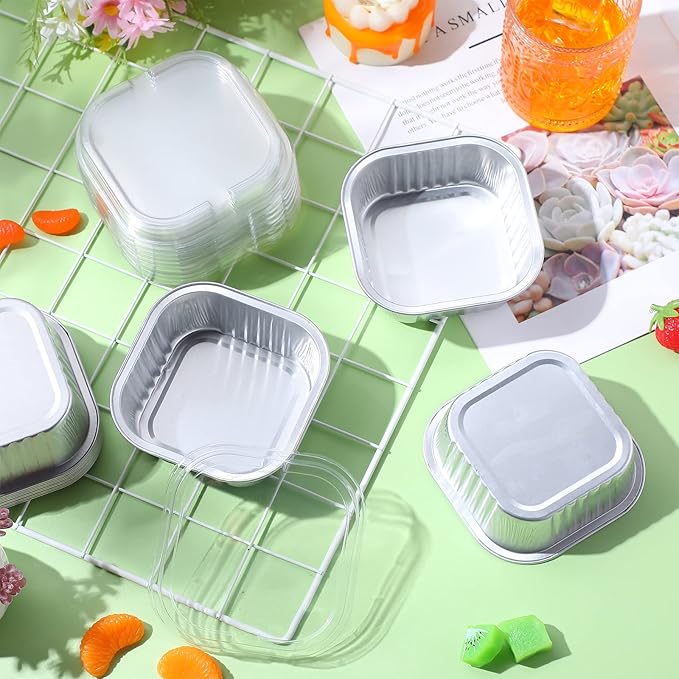 Aoriher 300 Pieces 10 oz Mini Cake Pans with Lids, Aluminum Foil Baking Cups, Square Disposable Cupcake Cups Baking Tins for Wedding Birthday Party Supplies(Silver)