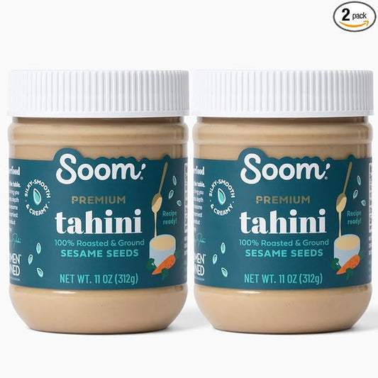Soom Foods Ground Premium Sesame Tahini Paste 11oz (2 Pack) | Silky Smooth Texture in Hummus, Dips, Dressings | Vegan, Nut-Free, Gluten-Free, Kosher, Keto, Paleo, Whole30