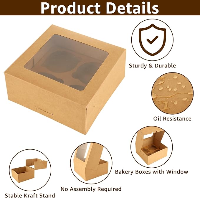 QTLCOHD 40 Pack Cupcake Boxes 4 Count, 6 x 6 x 3 Inch Folded Cupcake Containers, Brown Muffin Boxes with Window Bulk for Cookie, Pastry, Cake, Dessert, Treat Packaging
