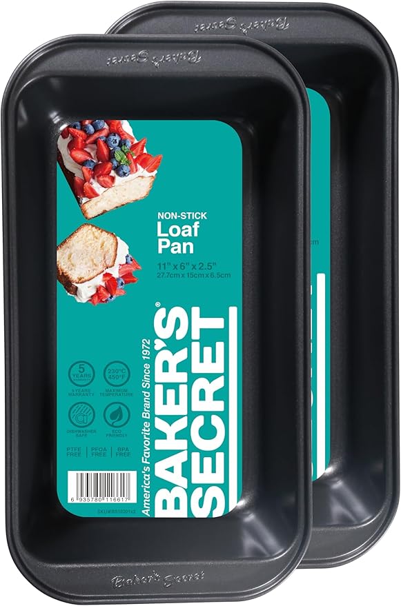 Baker's Secret 2pcs Loaf Pan for Baking Bread, Nonstick Carbon Steel Rectangular Pan 11" x 6" Baking Area 9" x 5", Premium Food-Grade Nonstick Coating, for all bakers