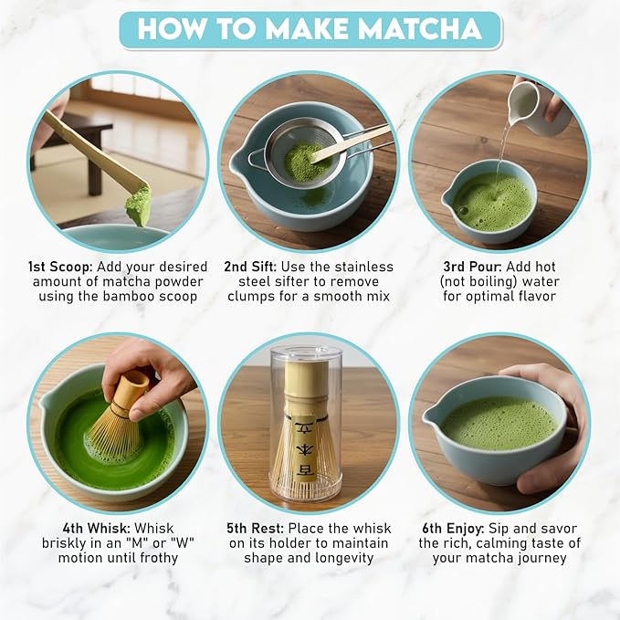 10 Pcs Matcha Kit Set, Ceramic Matcha Set Includes 17oz Matcha Bowl, Bamboo Whisk and Scoop, Whisk Holder, Sifter, Scoop holder, Measuring Cup, Powder Caddy, Tea Towel and Instruction Manual (Blue)