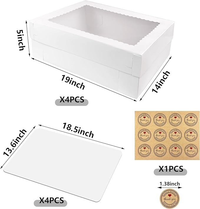 MUMULULU 4 PCS 19x14x5 Inch Cake Boxes with Cake Board White Sheet Rectangular Bakery Boxes with Window for Cookies Dessert Cupcakes Pastry Baking Pie Packaging