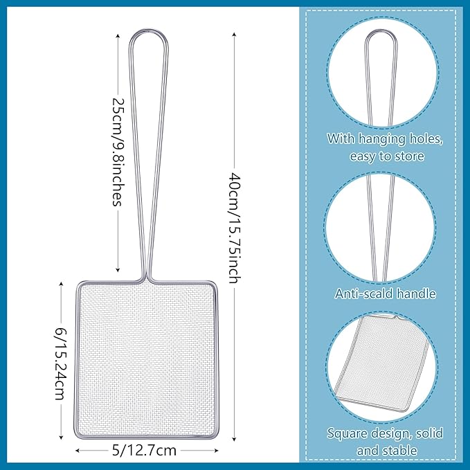 Mumufy 2 Pcs Square Fine Mesh Skimmer Spider Strainer Oil Skimmer for Deep Fryer Frying Scoop Stainless Steel Spider Strainer with Long Handle for Kitchen Swimming Pools Fried Food (5 x 6 Inch)