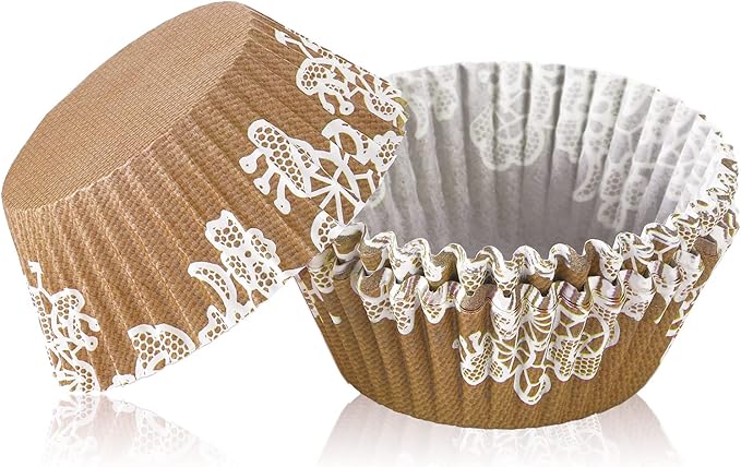 Funtery 300 Pcs Wedding Cupcake Liners Bridal Shower Rustic Lace Cupcake Wrappers Fall Muffin Liners Baking Cups Greaseproof for Baby Shower Christmas Birthday Party Anniversaries Decorations, Brown